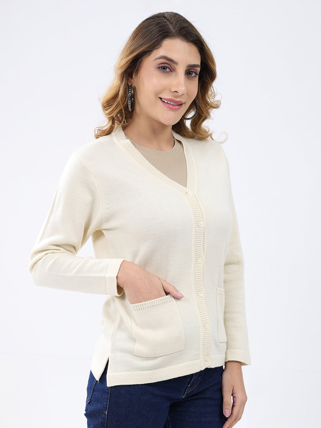 Women Cream Solid V Neck Full Sleeve Cardigan