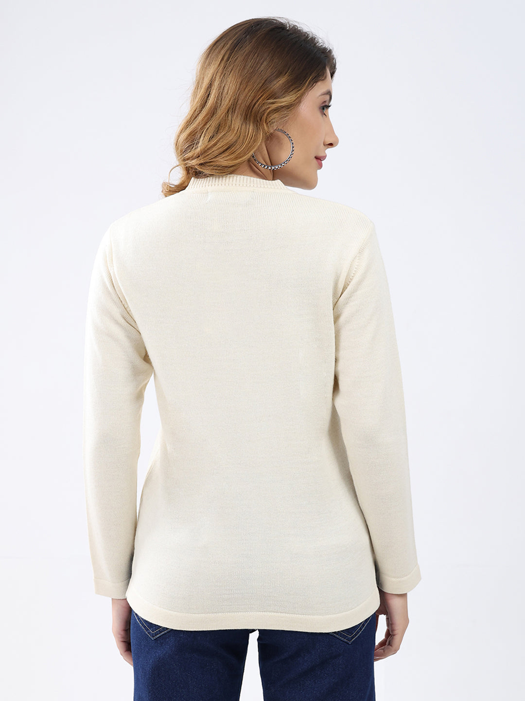 Women Cream Solid V Neck Full Sleeve Cardigan