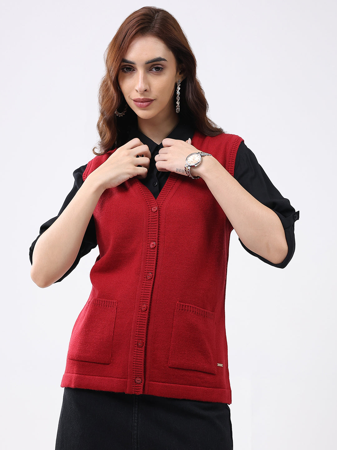Women Red Solid V Neck Sleeveless Cardigan
