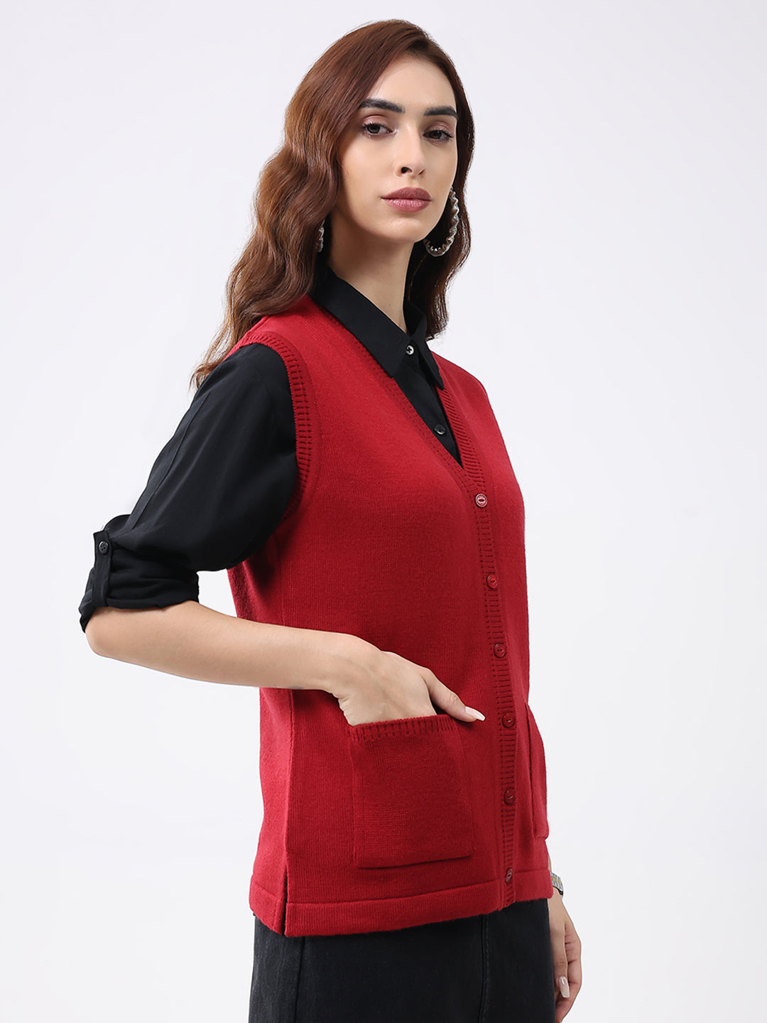 Women Red Solid V Neck Sleeveless Cardigan
