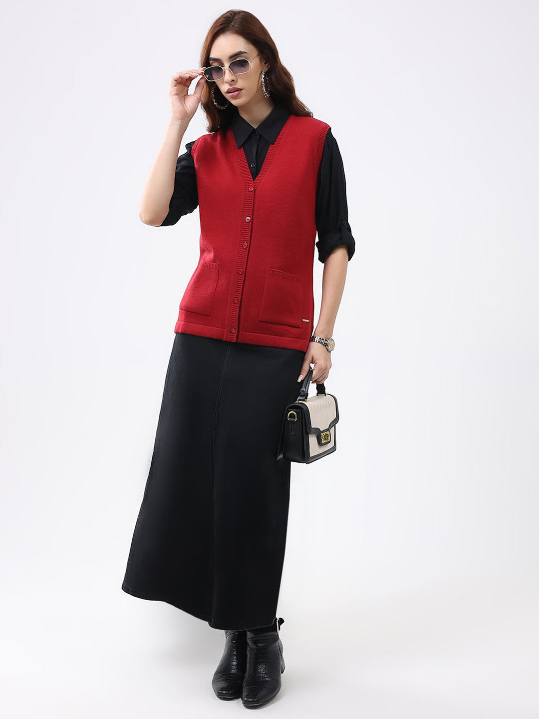 Women Red Solid V Neck Sleeveless Cardigan