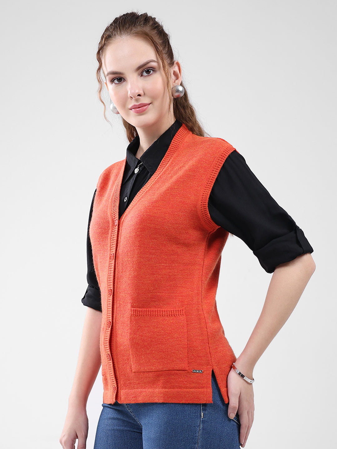 Women Orange Solid V Neck Sleeveless Cardigan