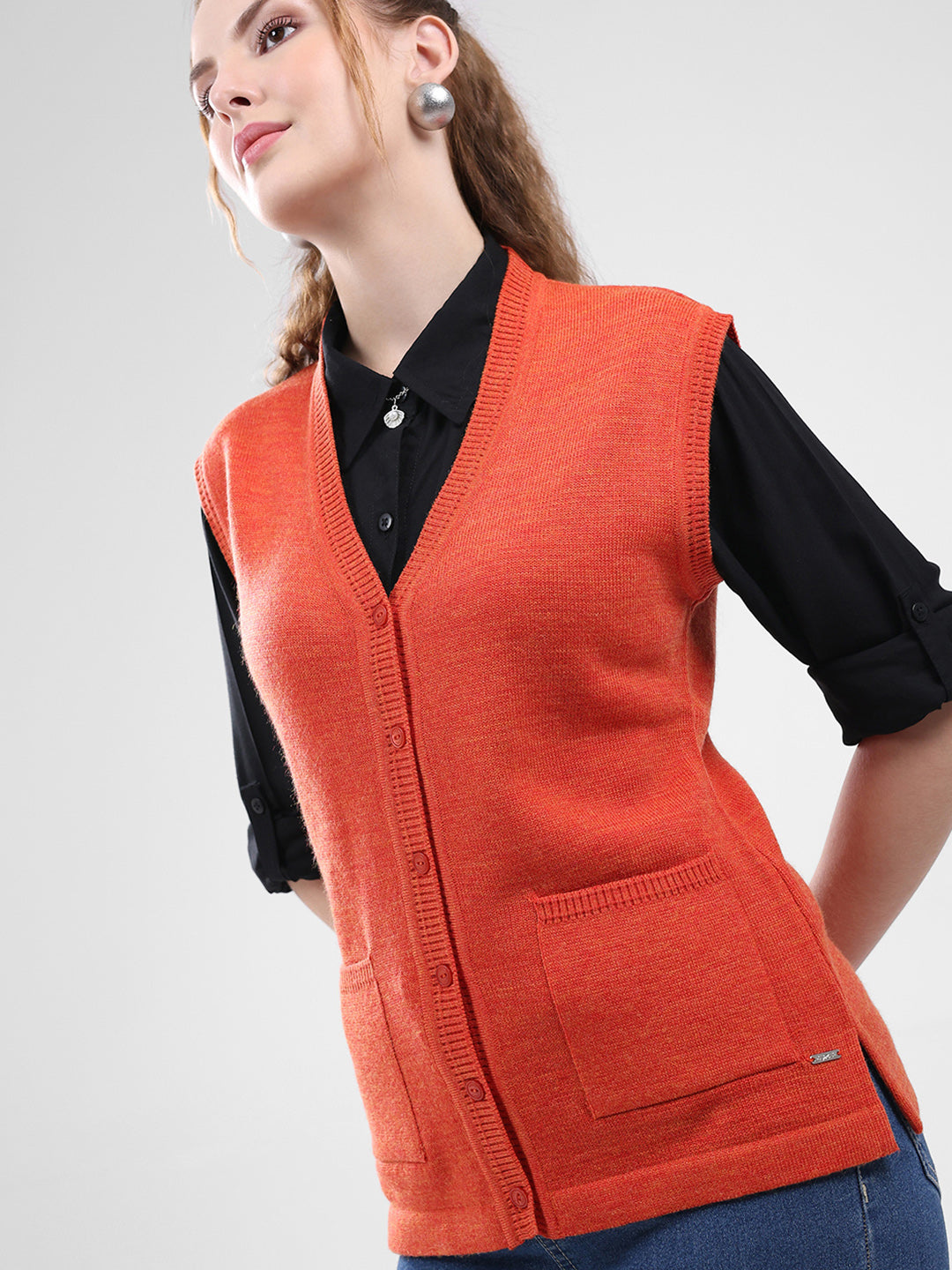 Women Orange Solid V Neck Sleeveless Cardigan