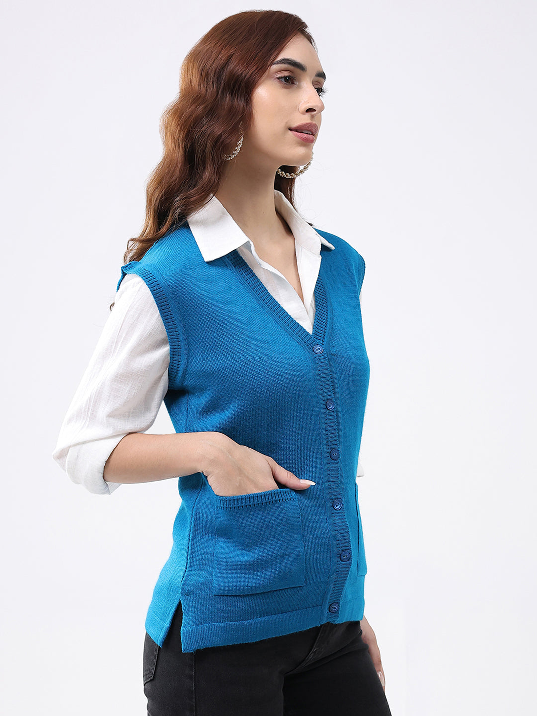Women Turquoise Blue Solid V Neck Sleeveless Cardigan