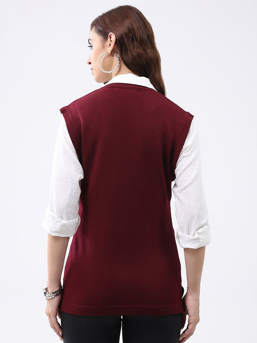 Women Maroon Solid V Neck Sleeveless Cardigan