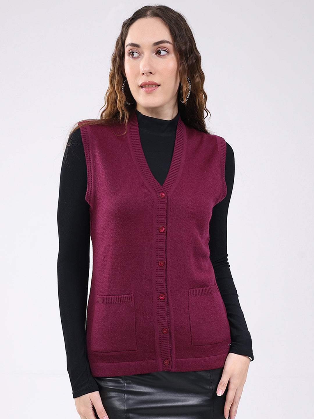 Women Maroon Solid V Neck Sleeveless Cardigan - Main Image