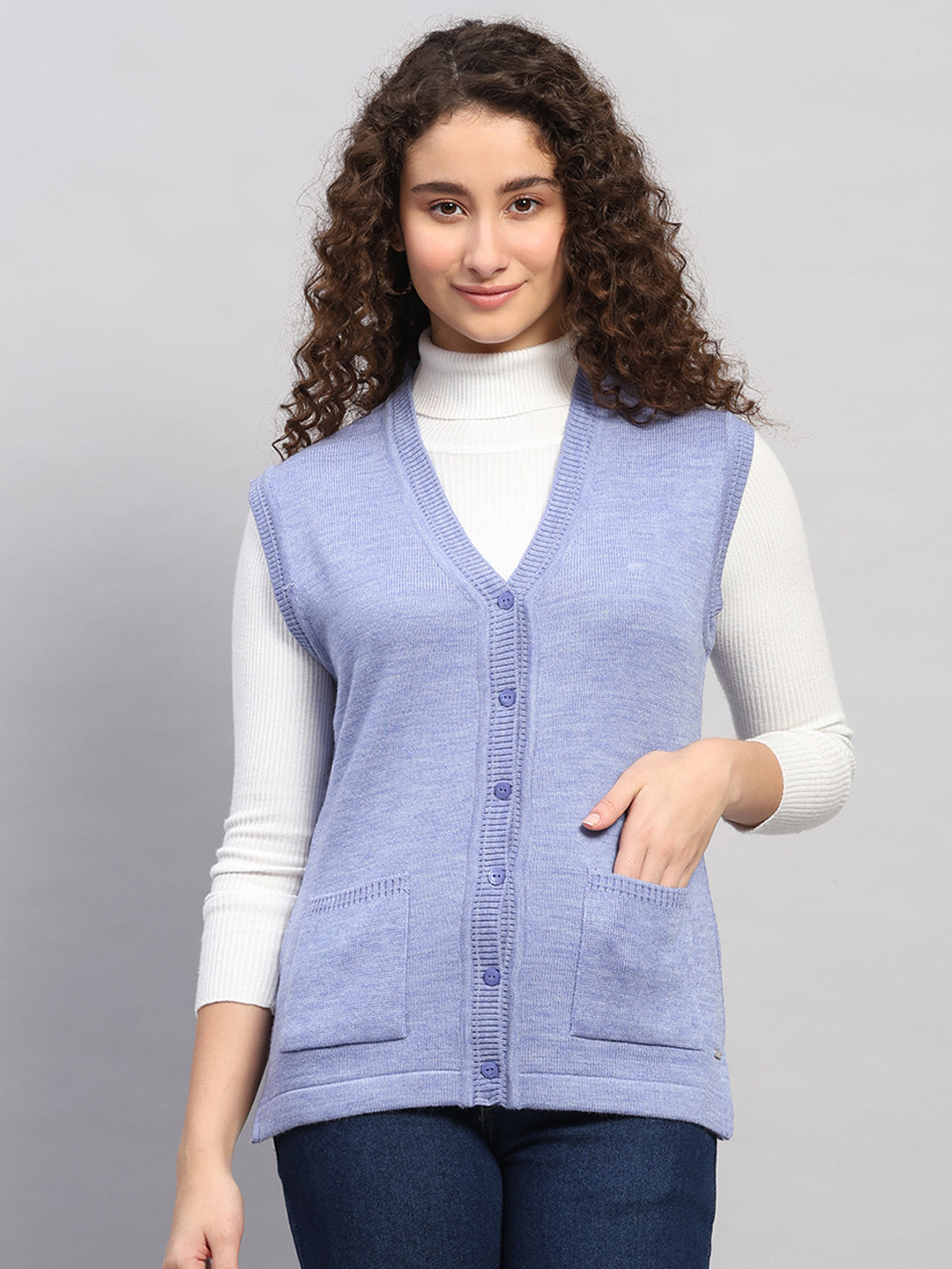 Women Purple Solid V Neck Sleeveless Cardigan