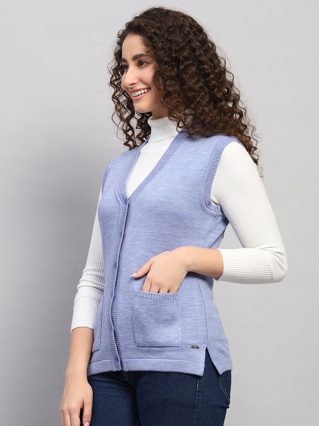 Women Purple Solid V Neck Sleeveless Cardigan