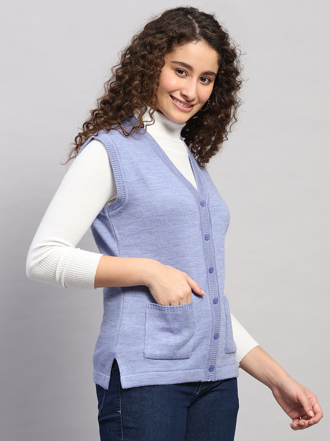 Women Purple Solid V Neck Sleeveless Cardigan