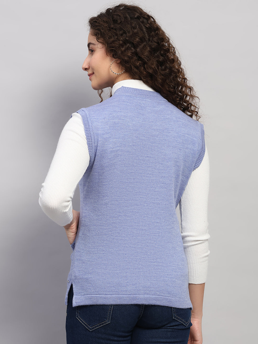 Women Purple Solid V Neck Sleeveless Cardigan