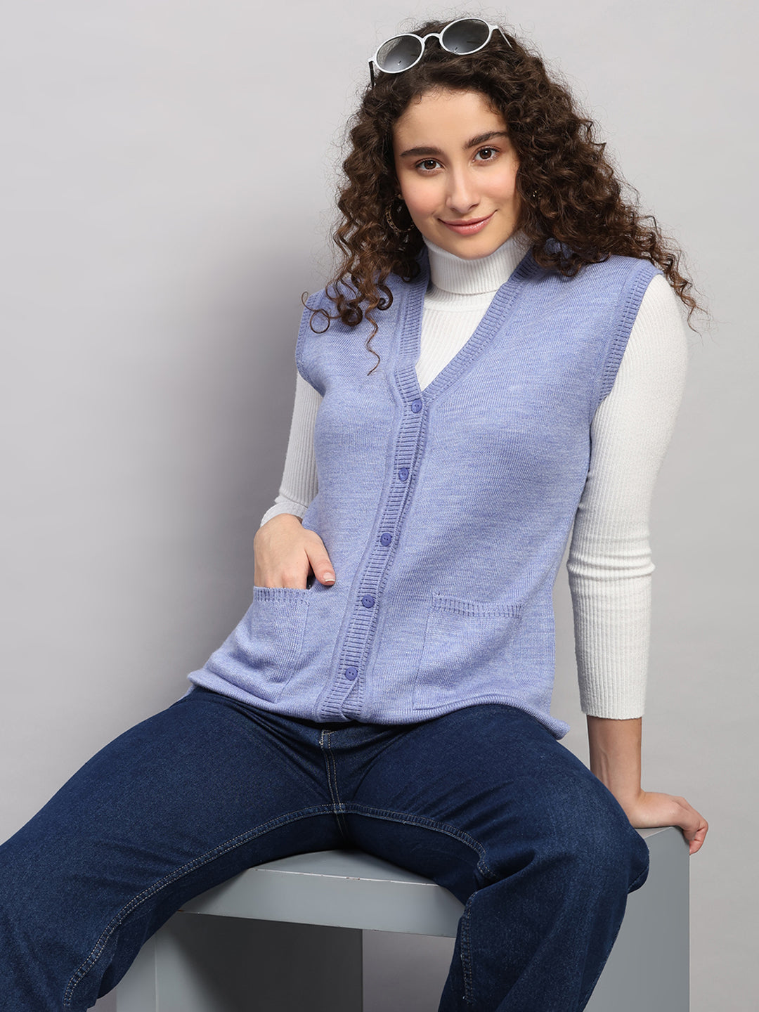 Women Purple Solid V Neck Sleeveless Cardigan