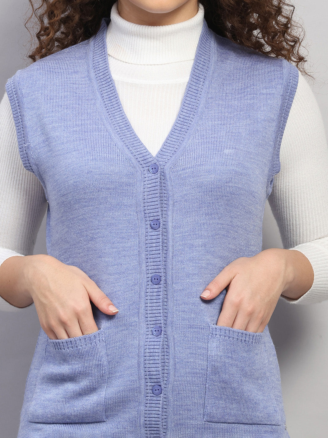 Women Purple Solid V Neck Sleeveless Cardigan