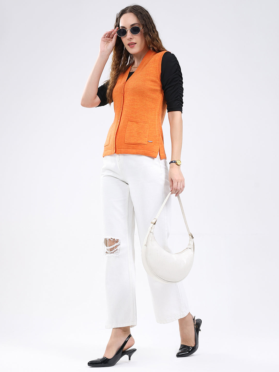 Women Orange Solid V Neck Sleeveless Cardigan