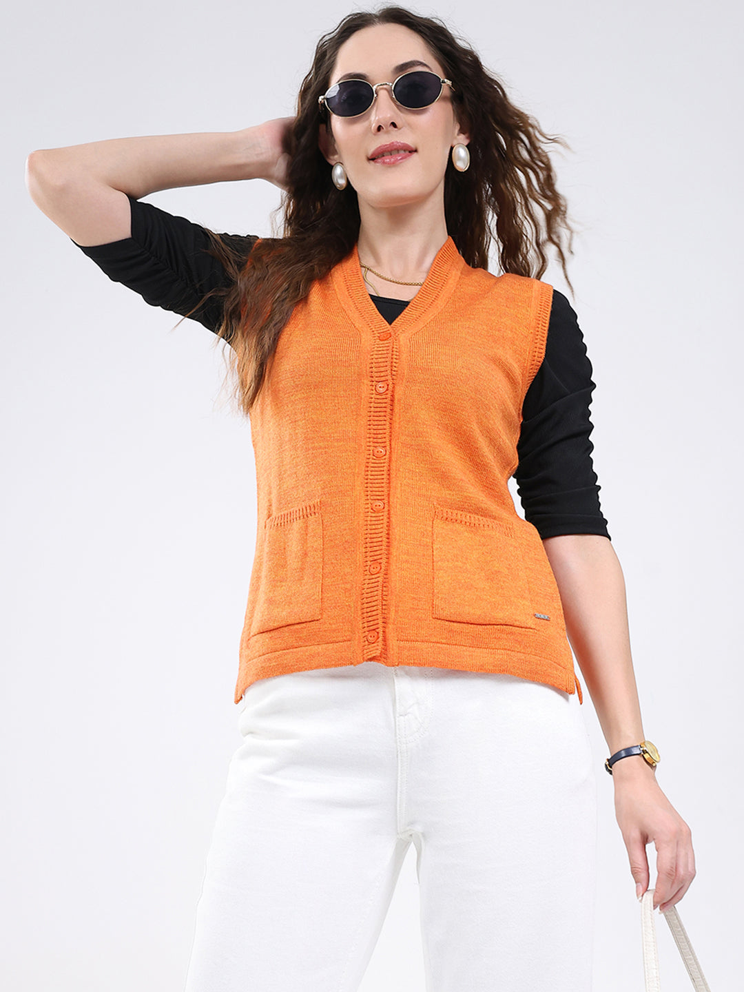 Women Orange Solid V Neck Sleeveless Cardigan
