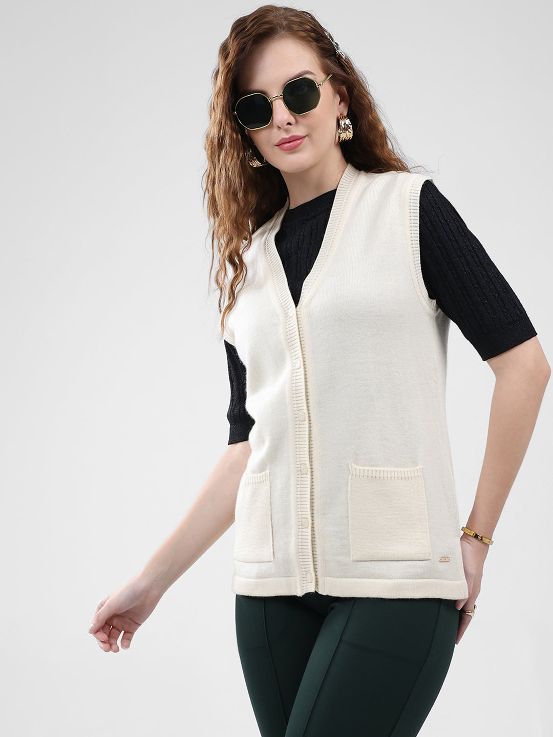 Women Cream Solid V Neck Sleeveless Cardigan
