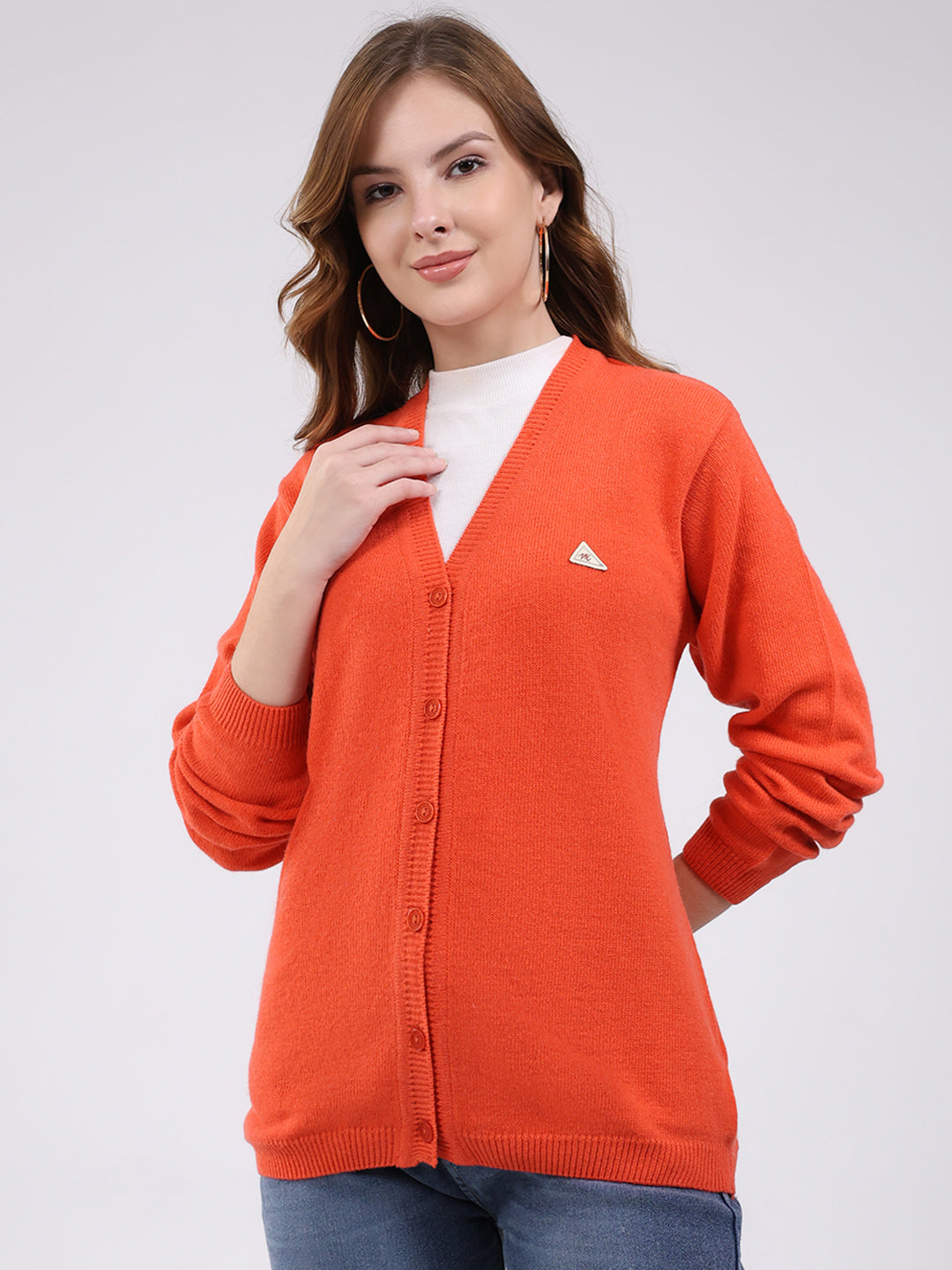 Women Orange Solid V Neck Full Sleeve Cardigan