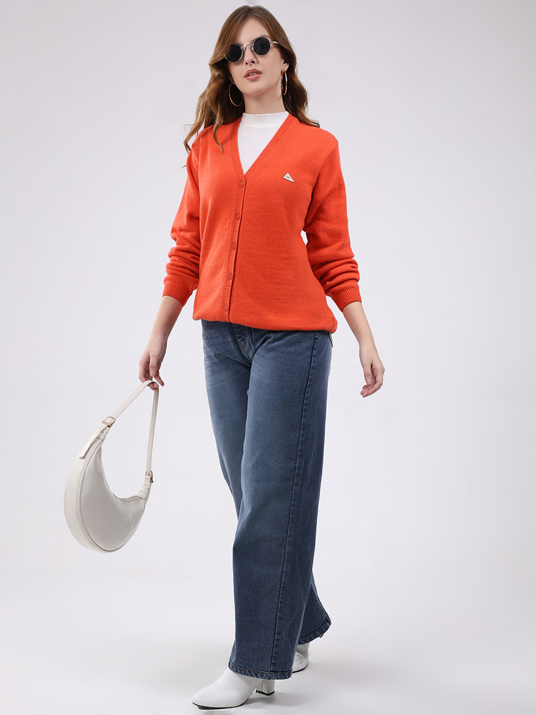 Women Orange Solid V Neck Full Sleeve Cardigan