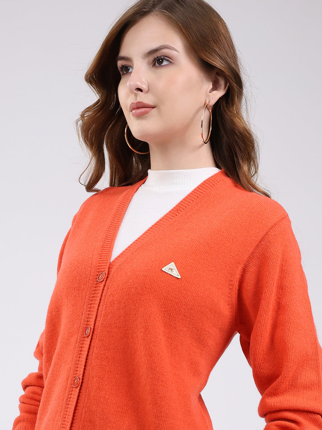 Women Orange Solid V Neck Full Sleeve Cardigan