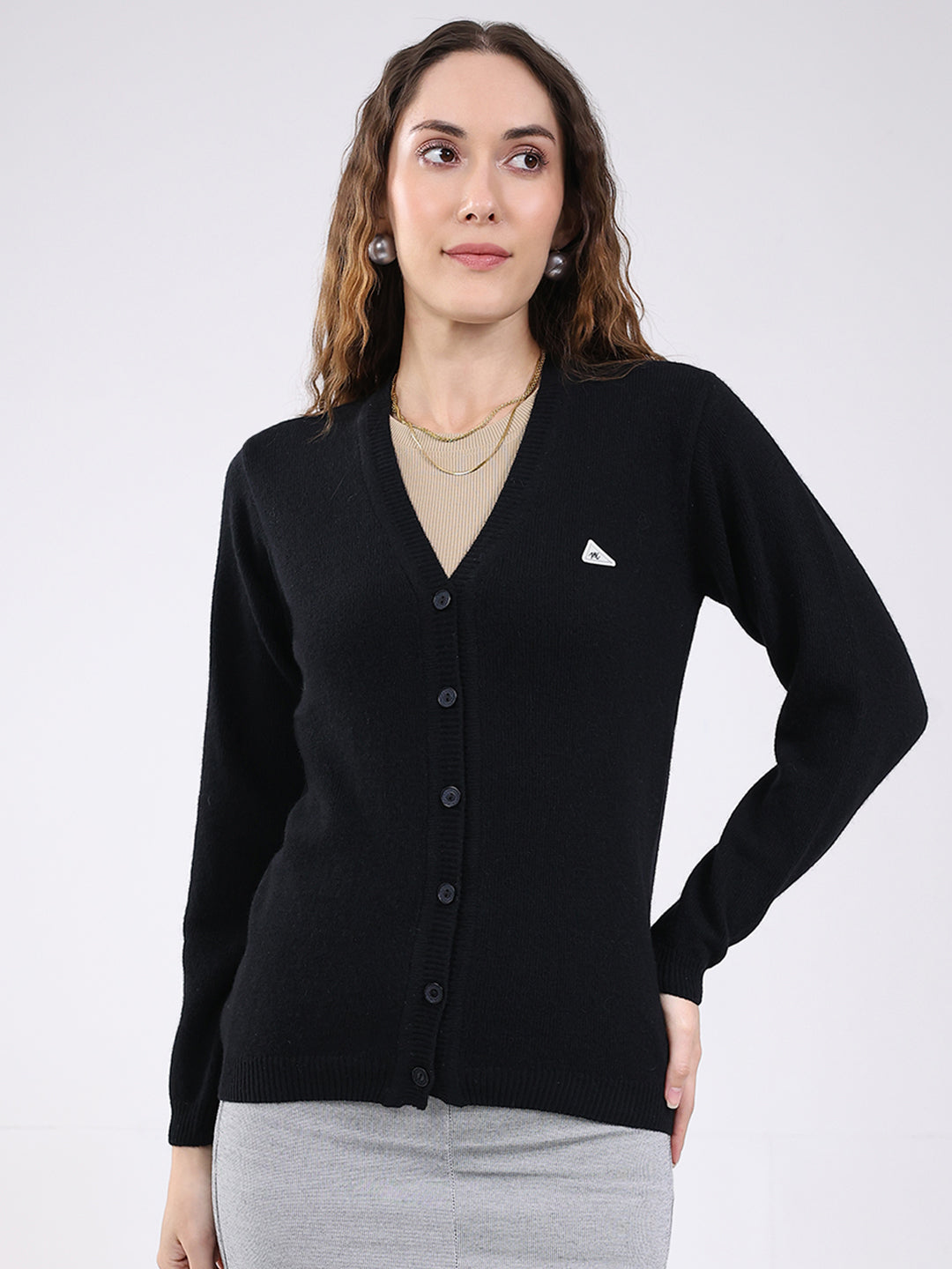 Women Black Solid V Neck Full Sleeve Cardigan