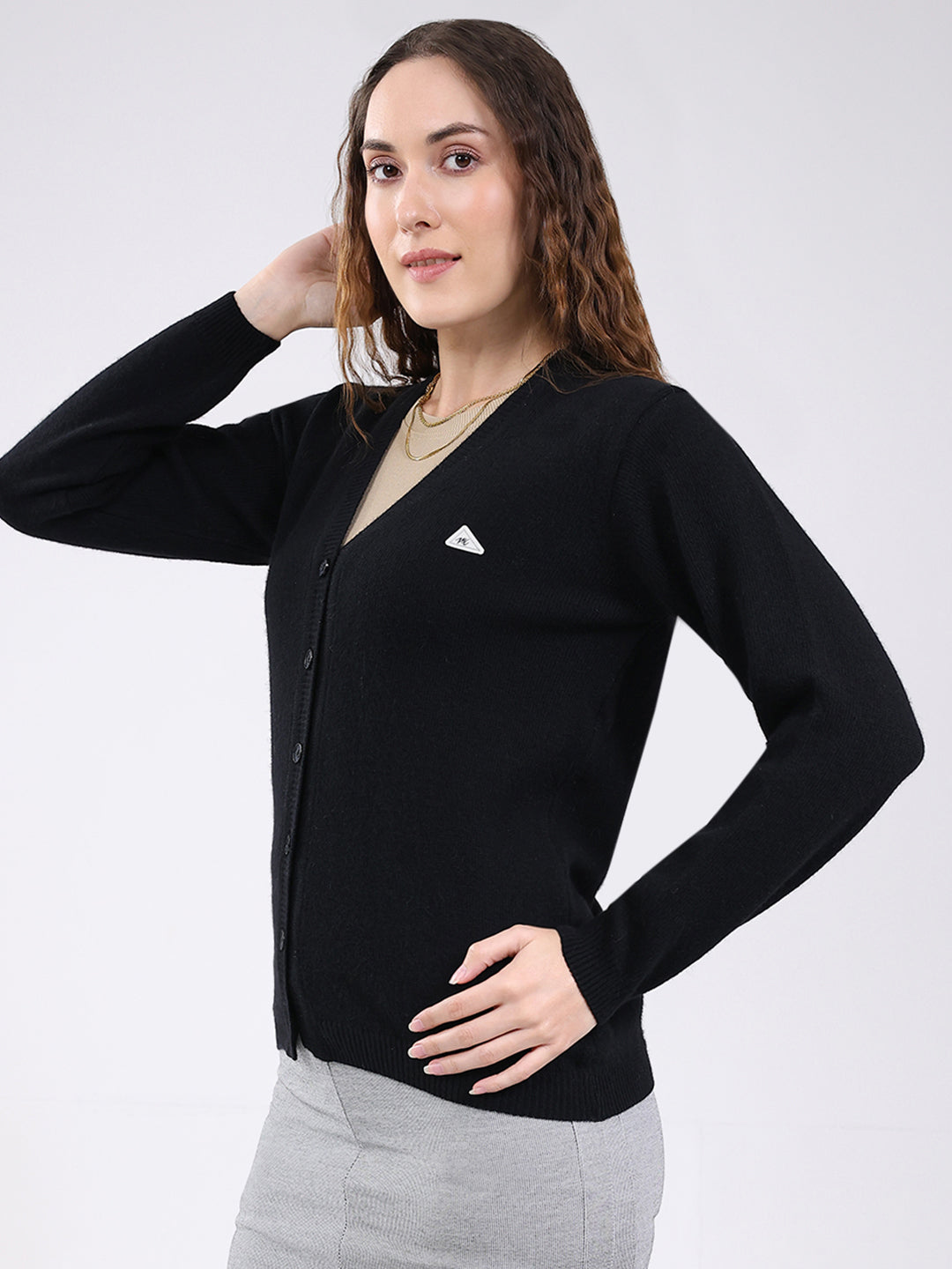 Women Black Solid V Neck Full Sleeve Cardigan