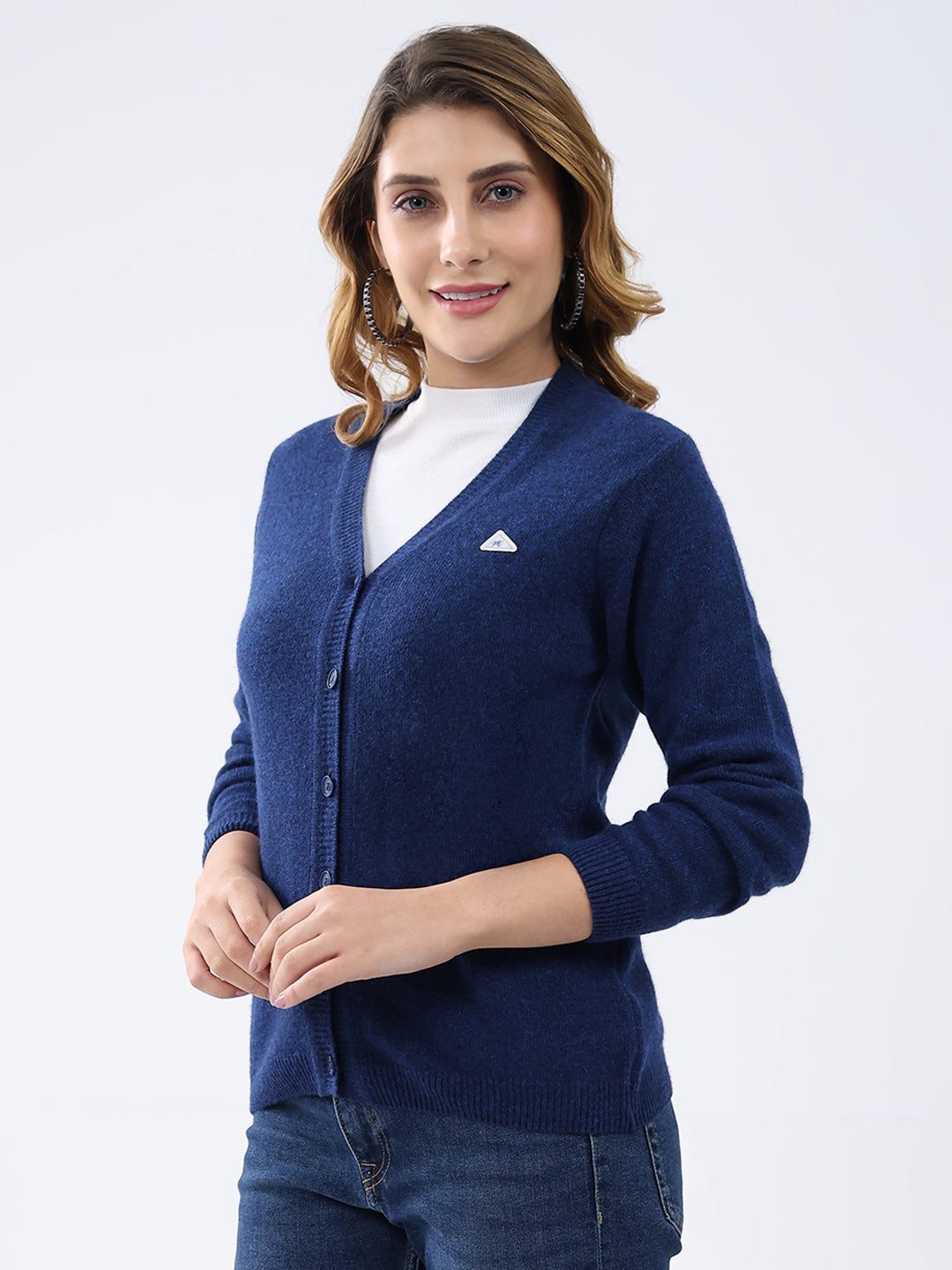 Women Dark Blue Solid V Neck Full Sleeve Cardigan