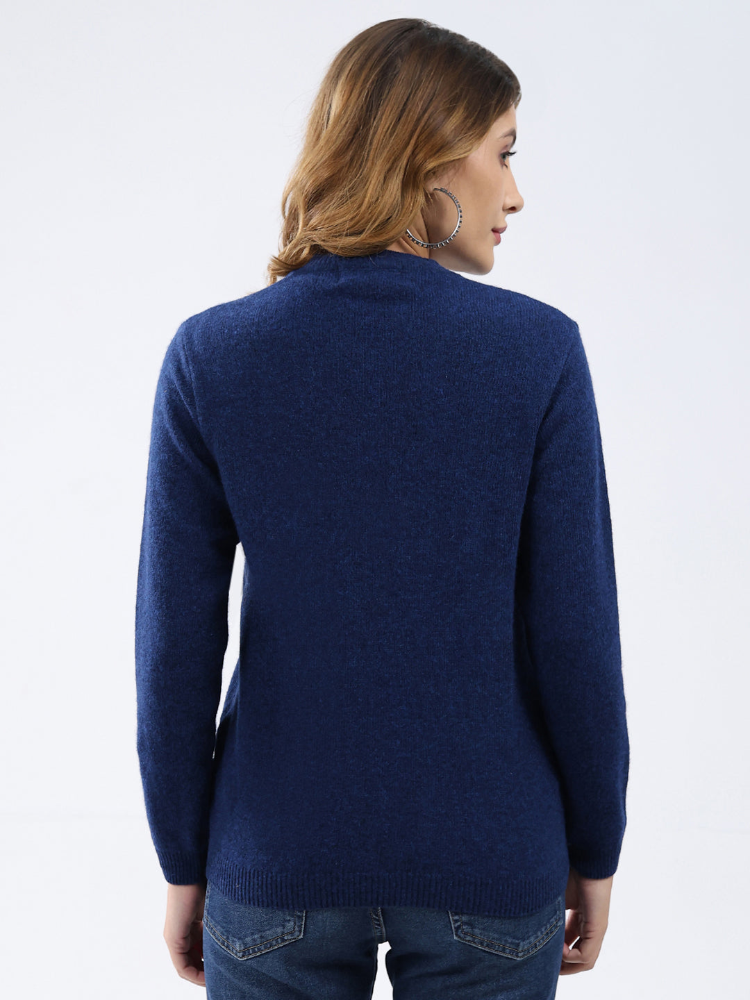 Women Dark Blue Solid V Neck Full Sleeve Cardigan