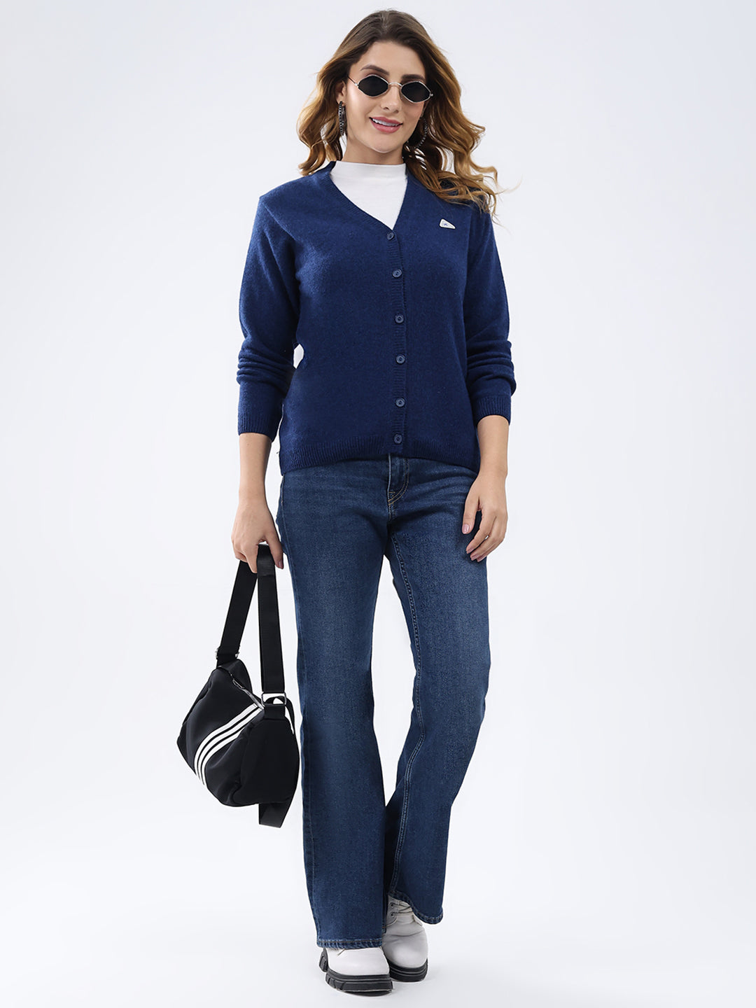 Women Dark Blue Solid V Neck Full Sleeve Cardigan