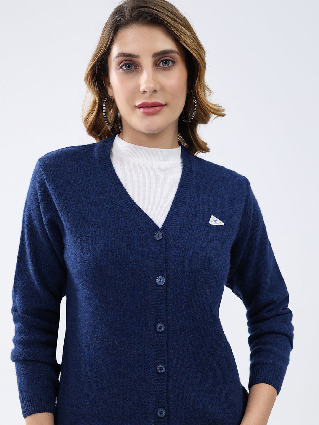 Women Dark Blue Solid V Neck Full Sleeve Cardigan