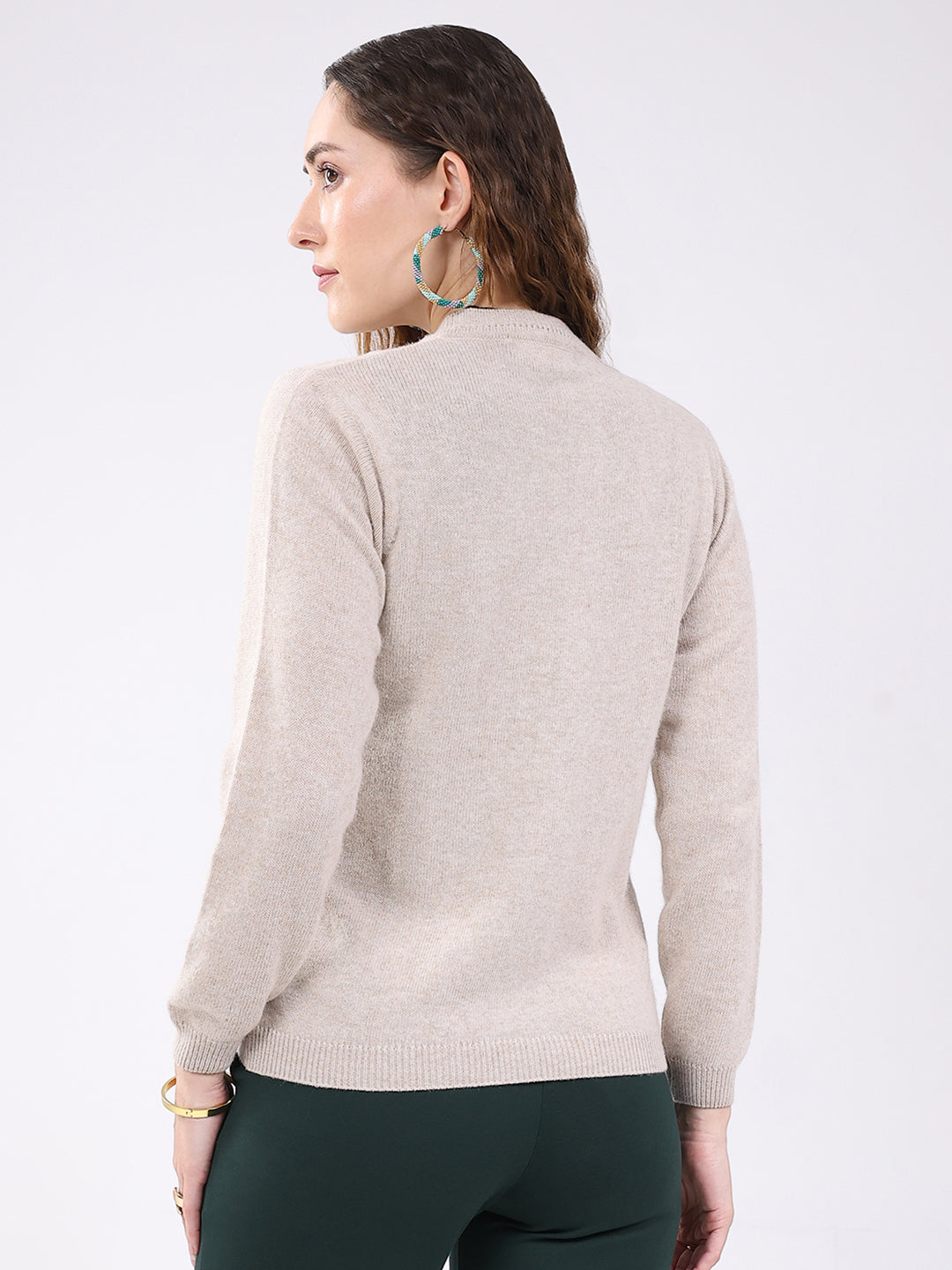 Women Beige Solid V Neck Full Sleeve Cardigan