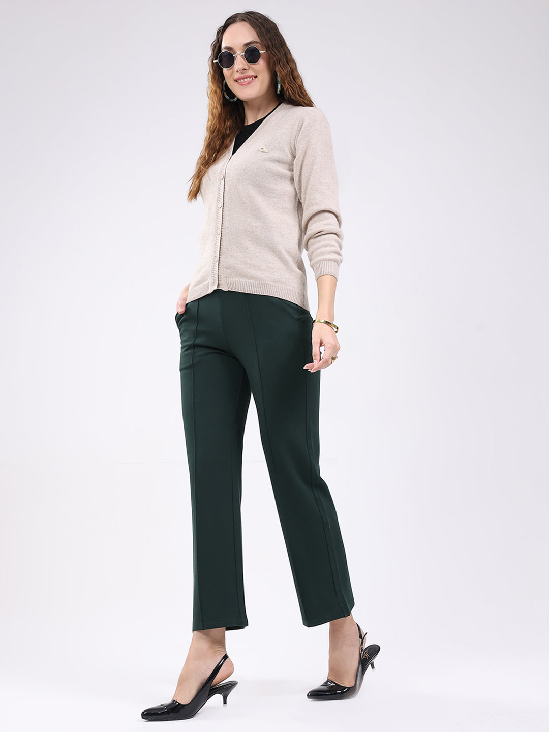 Women Beige Solid V Neck Full Sleeve Cardigan