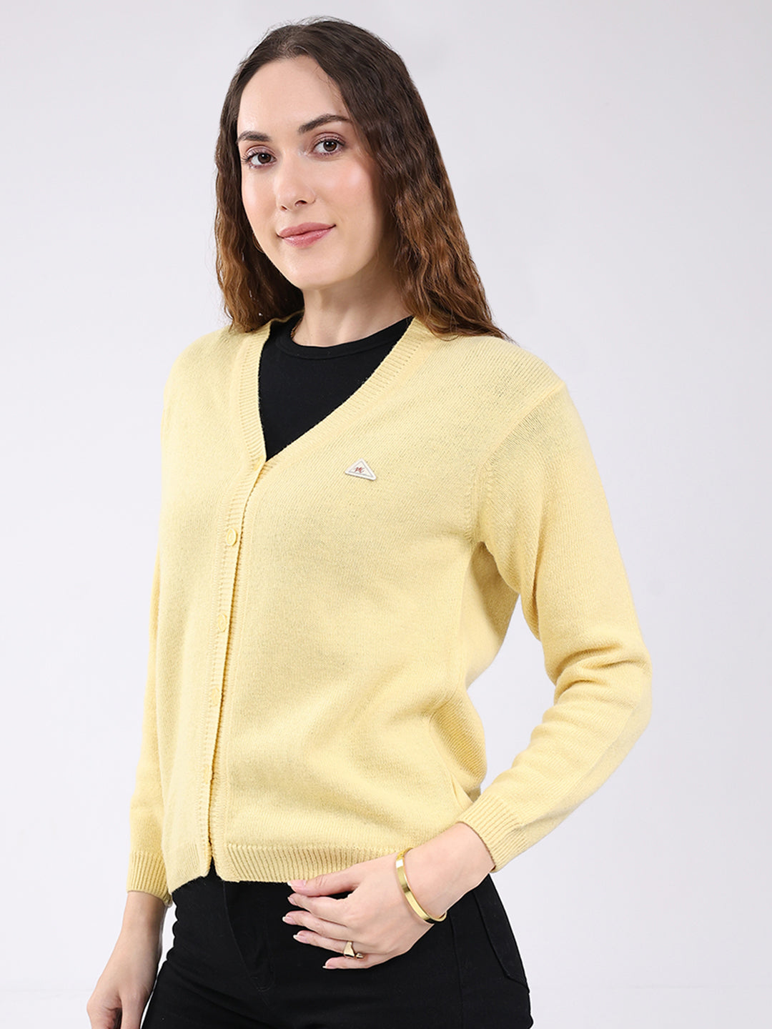 Women Peach Solid V Neck Full Sleeve Cardigan