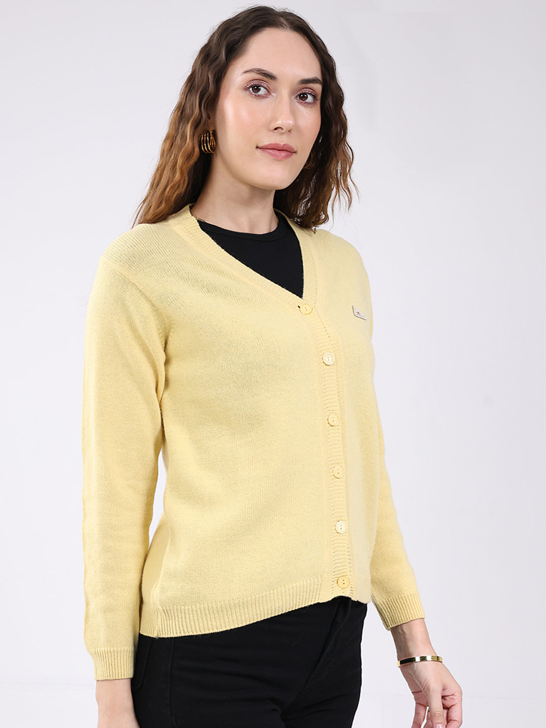 Women Peach Solid V Neck Full Sleeve Cardigan