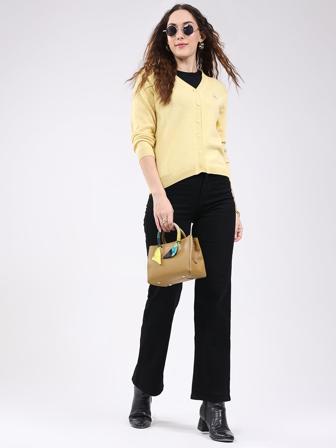 Women Peach Solid V Neck Full Sleeve Cardigan