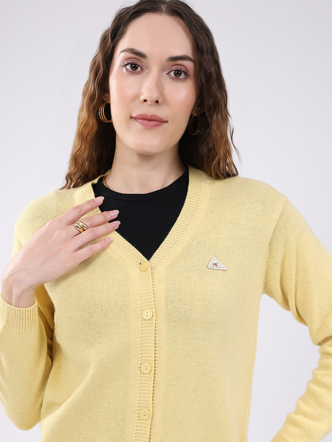 Women Peach Solid V Neck Full Sleeve Cardigan