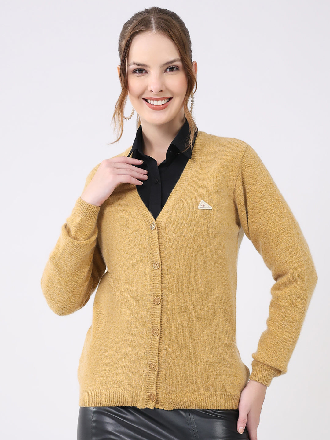 Women Khaki Solid V Neck Full Sleeve Cardigan
