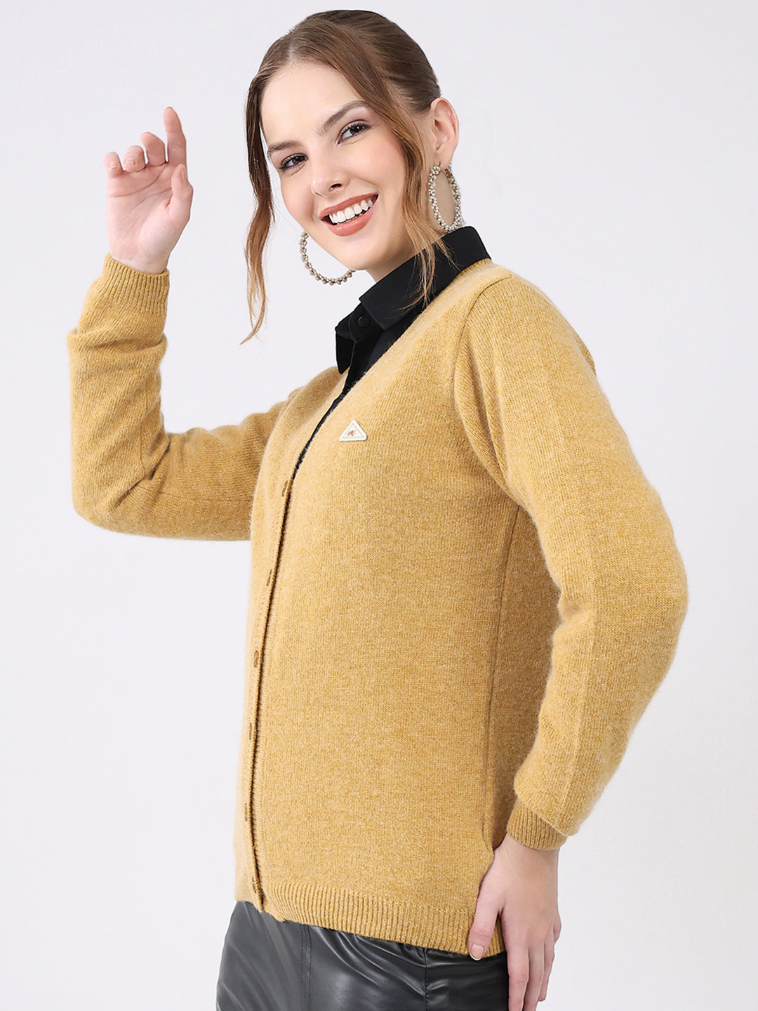 Women Khaki Solid V Neck Full Sleeve Cardigan