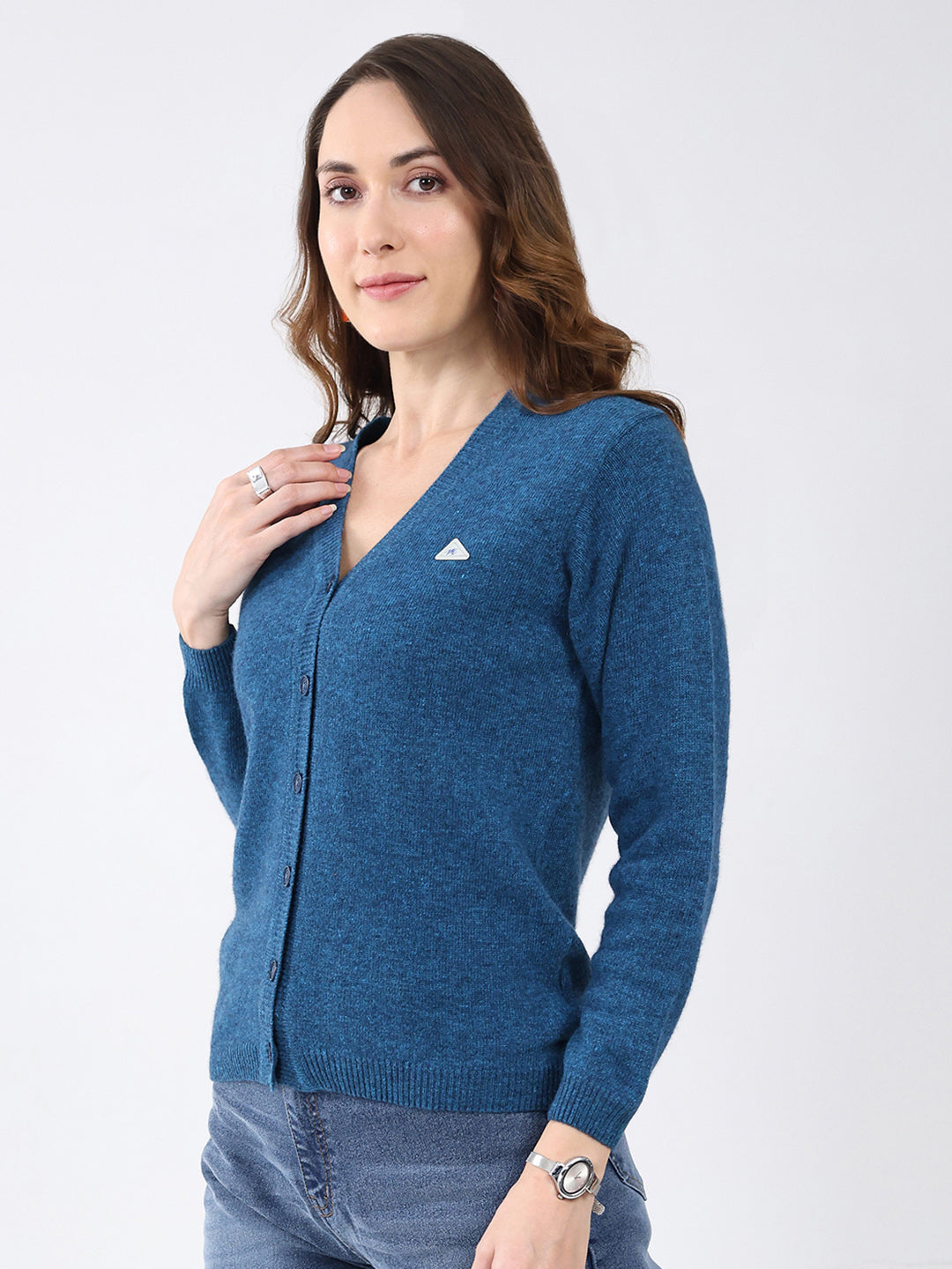 Women Blue Solid V Neck Full Sleeve Cardigan