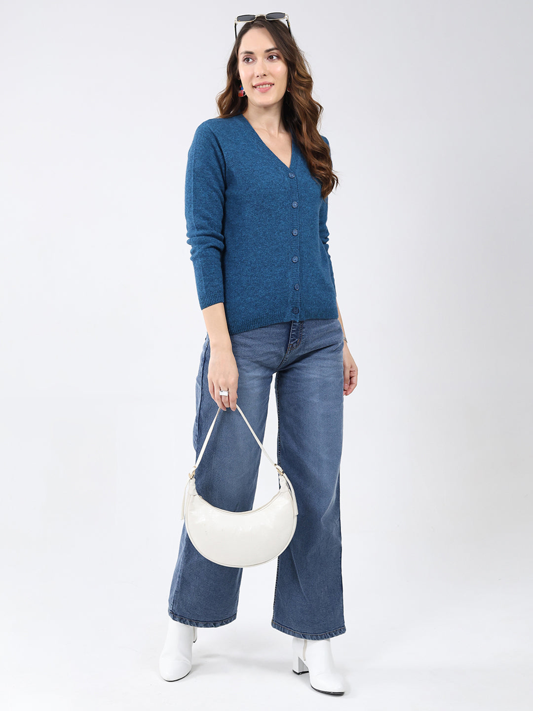 Women Blue Solid V Neck Full Sleeve Cardigan
