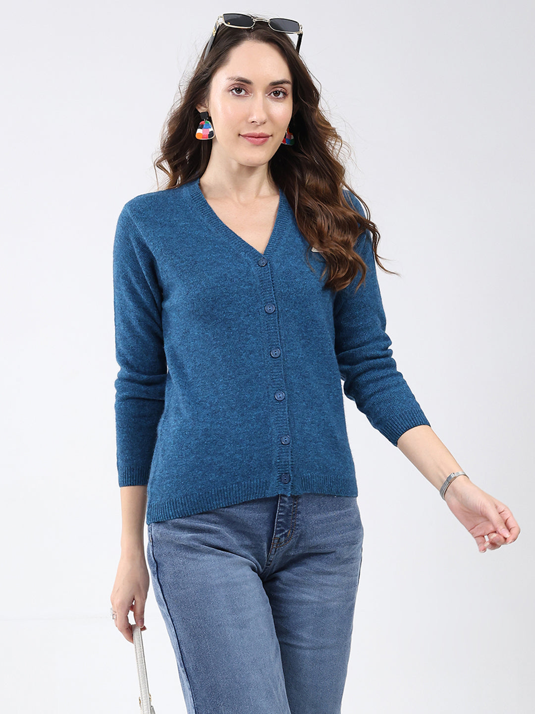 Women Blue Solid V Neck Full Sleeve Cardigan