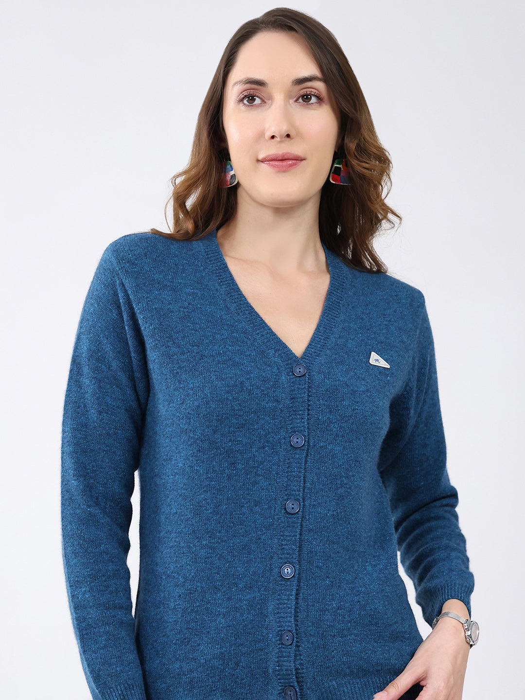 Women Blue Solid V Neck Full Sleeve Cardigan