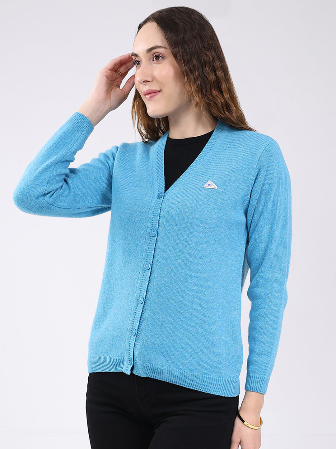 Women Blue Solid V Neck Full Sleeve Cardigan