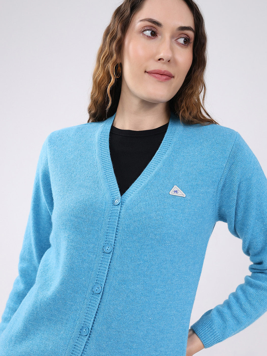 Women Blue Solid V Neck Full Sleeve Cardigan