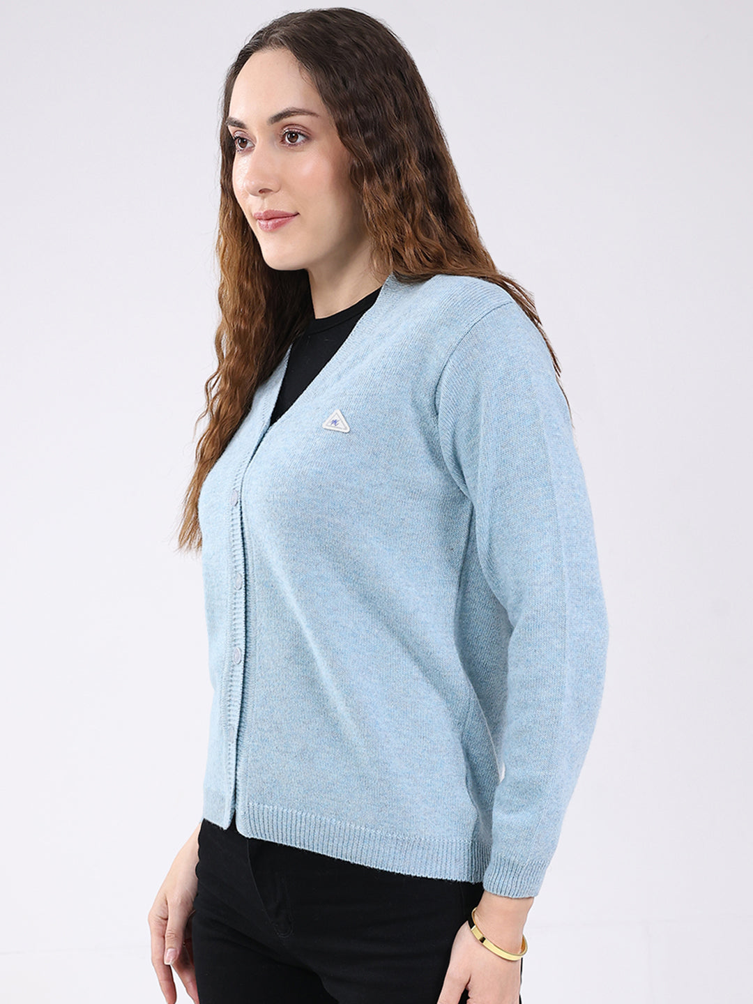 Women Light Blue Solid V Neck Full Sleeve Cardigan