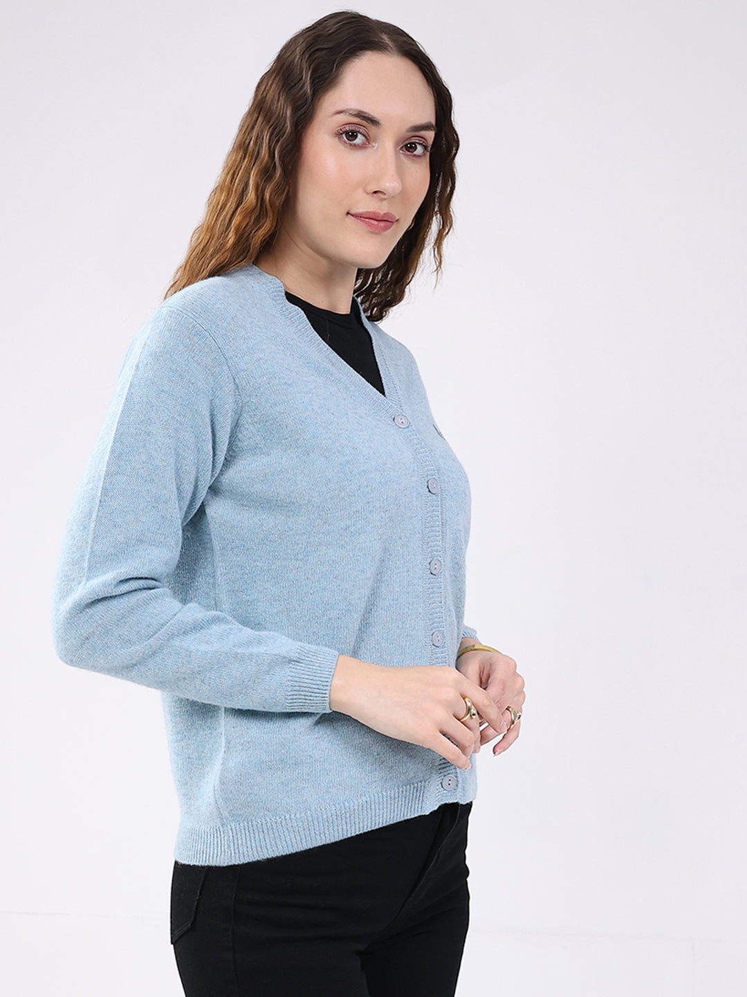 Women Light Blue Solid V Neck Full Sleeve Cardigan