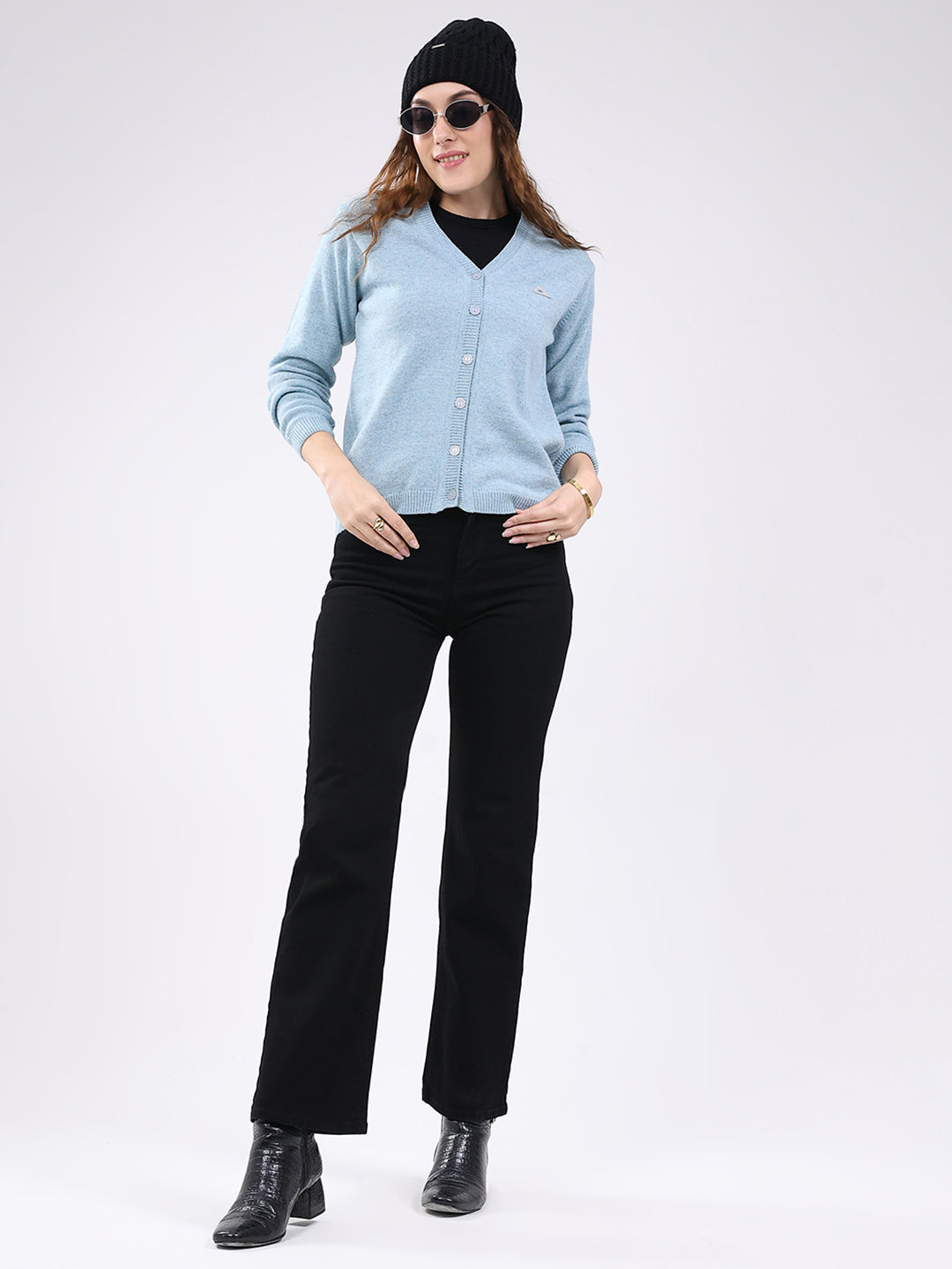 Women Light Blue Solid V Neck Full Sleeve Cardigan