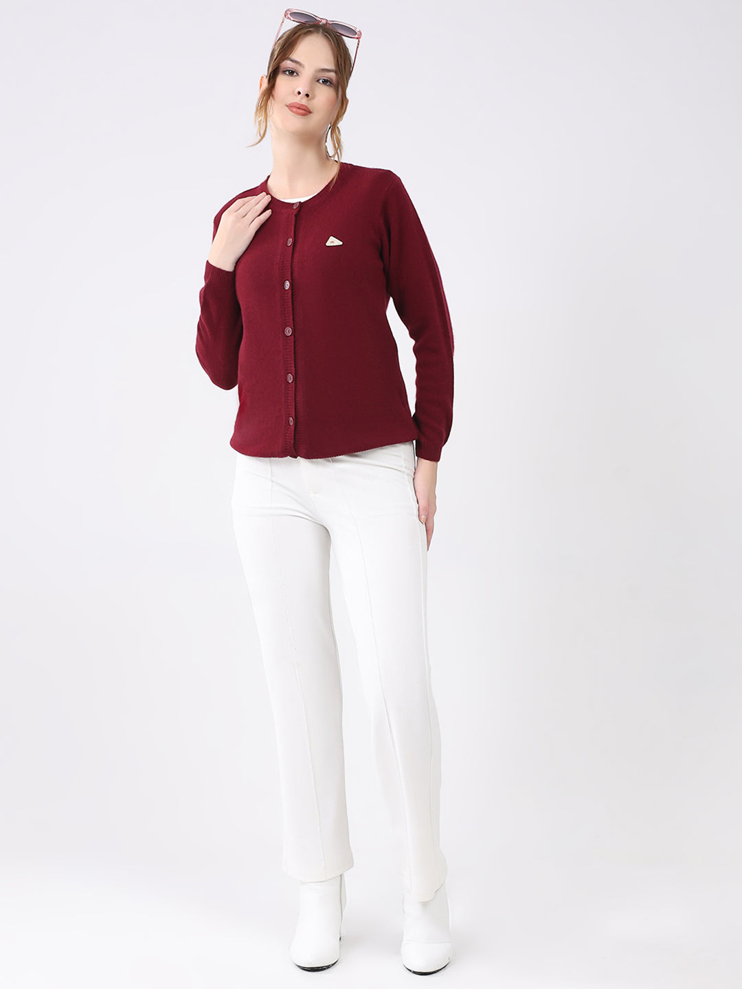 Women Maroon Solid Round Neck Full Sleeve Cardigan