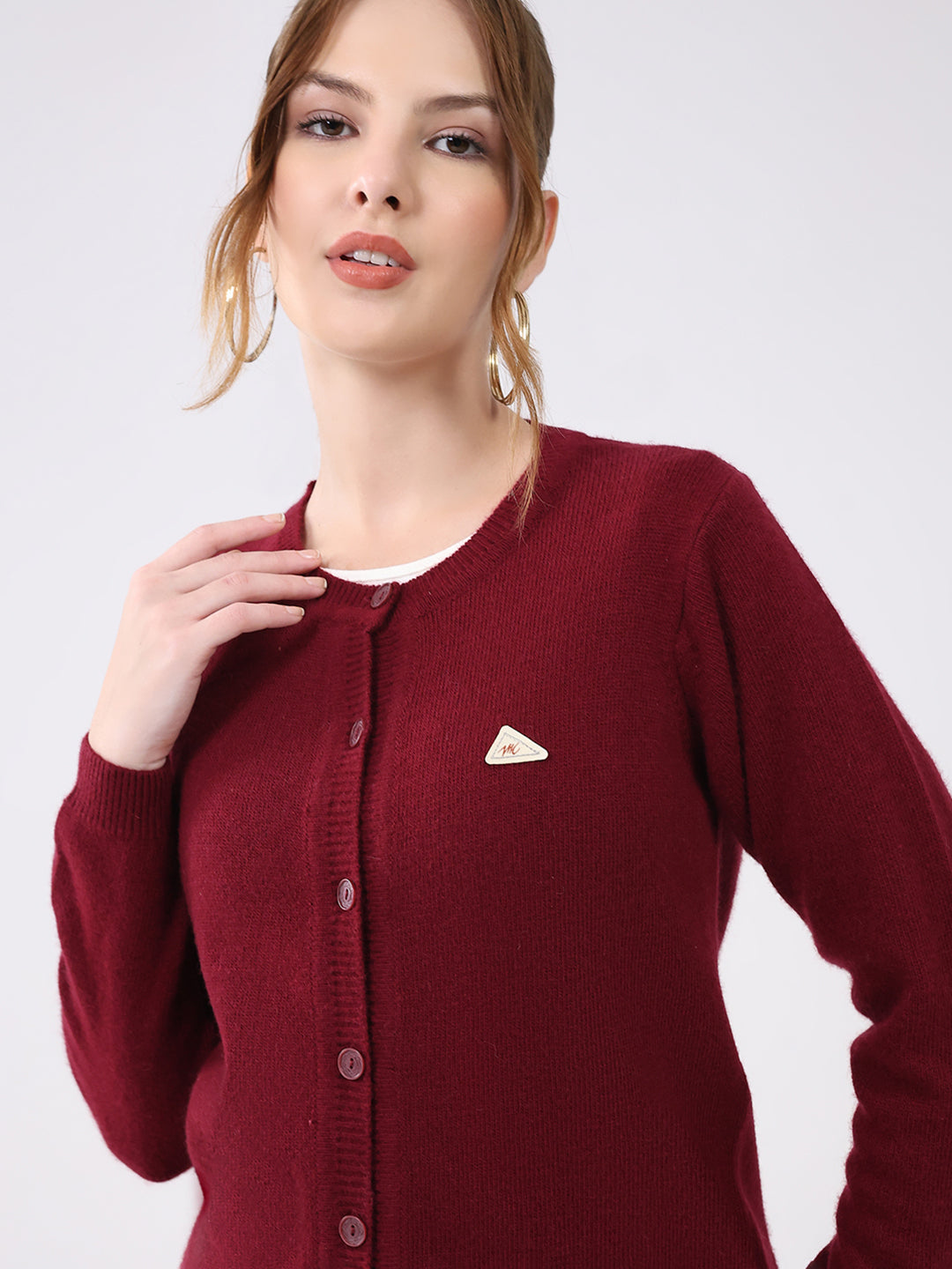 Women Maroon Solid Round Neck Full Sleeve Cardigan