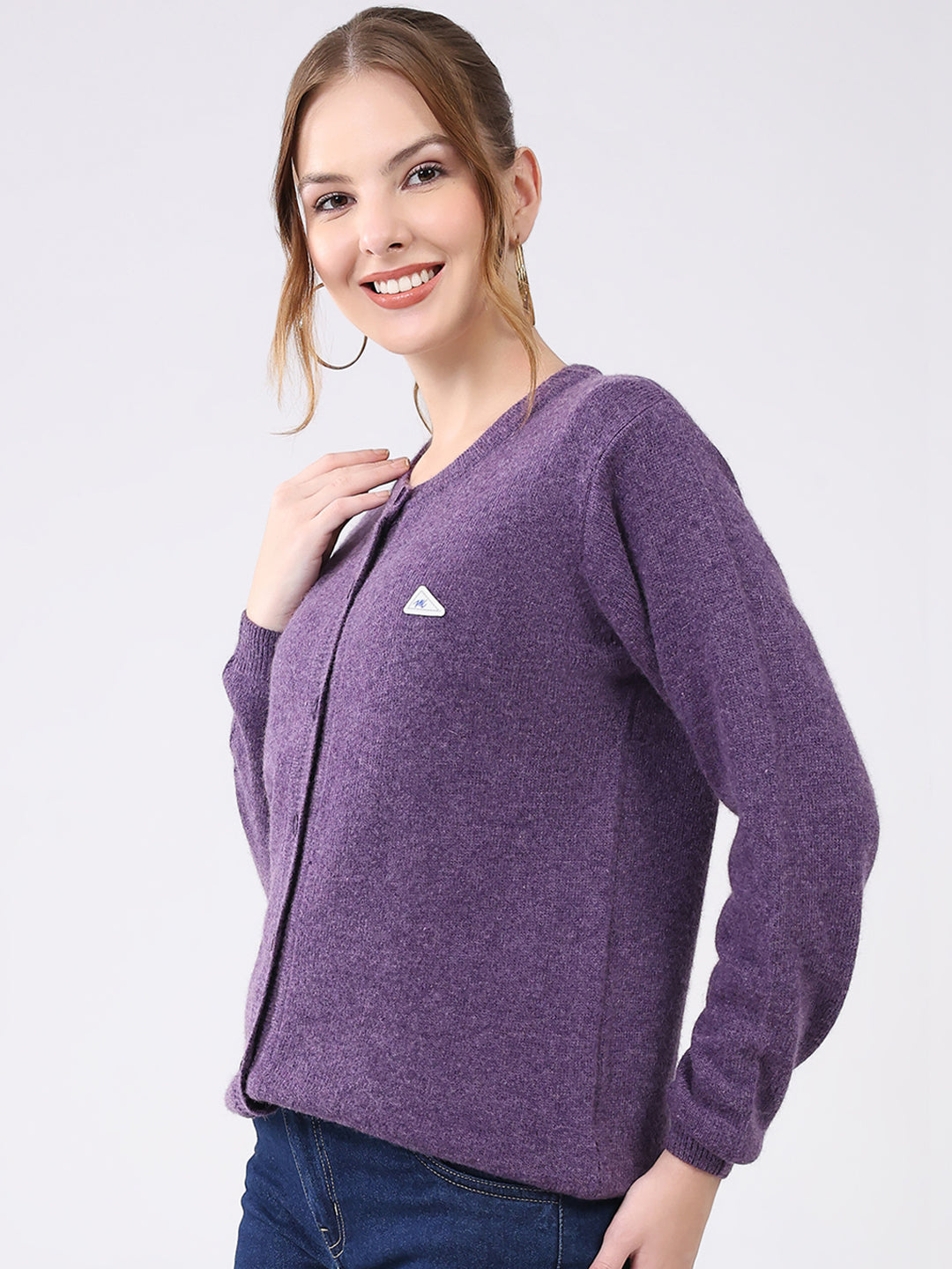 Women Purple Solid Round Neck Full Sleeve Cardigan