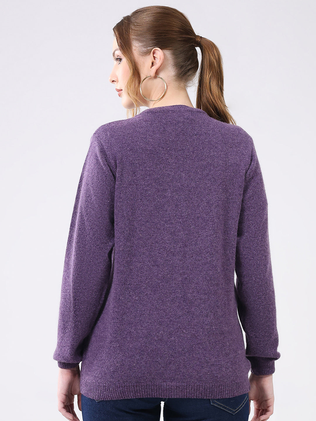 Women Purple Solid Round Neck Full Sleeve Cardigan