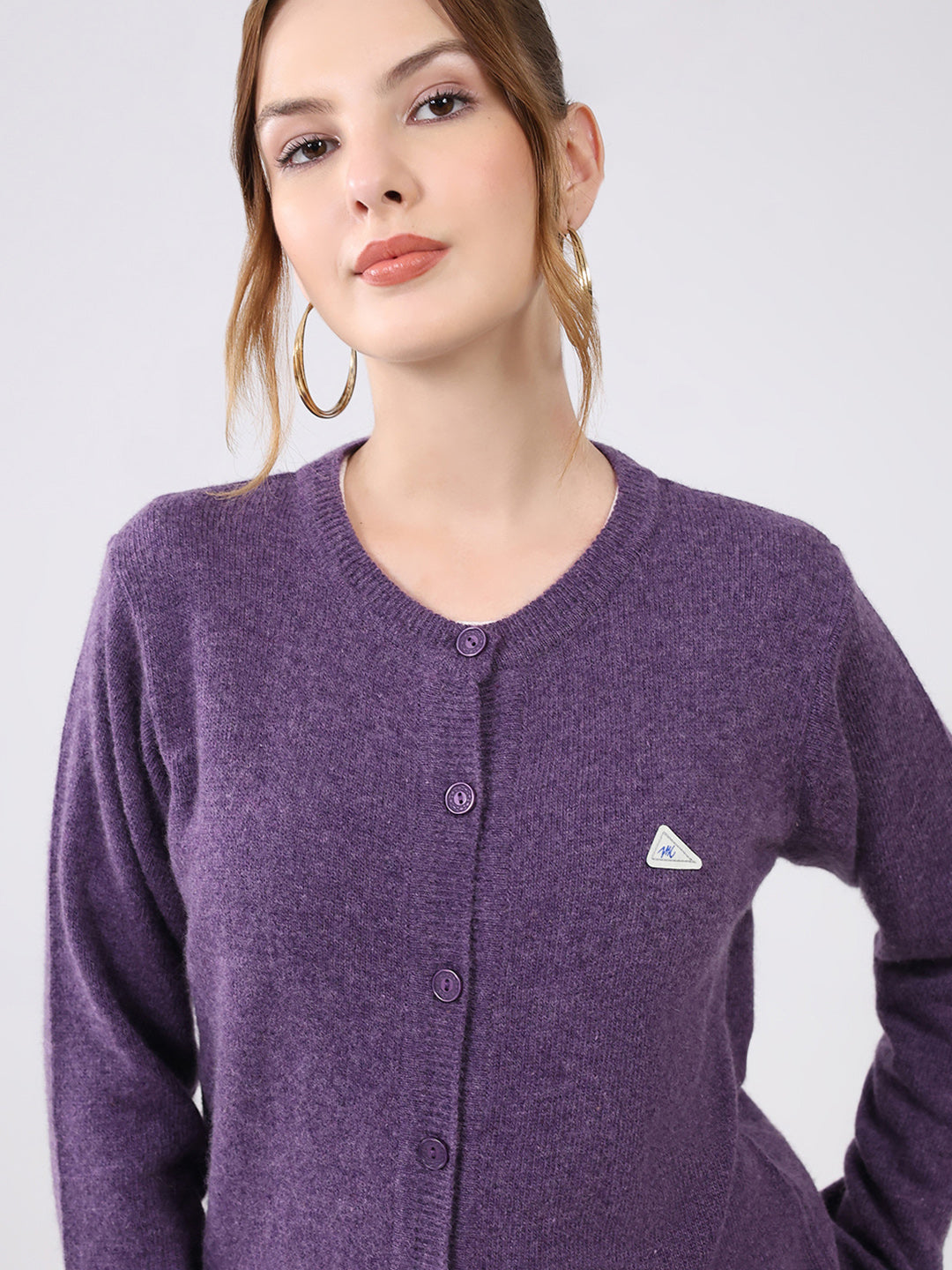 Women Purple Solid Round Neck Full Sleeve Cardigan